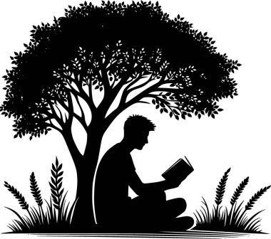 Ağacın altında kitap okuyan bir insanın silueti. Huzurlu ve rahatlatıcı bir an. Ağacın altında kitap okuyan bir insanın silueti.