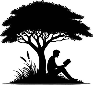 Ağacın altında kitap okuyan bir insanın silueti. Huzurlu ve rahatlatıcı bir an. Ağacın altında kitap okuyan bir insanın silueti.