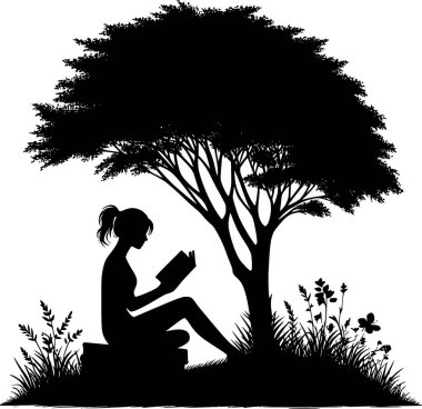 Ağacın altında kitap okuyan bir insanın silueti. Huzurlu ve rahatlatıcı bir an. Ağacın altında kitap okuyan bir insanın silueti.