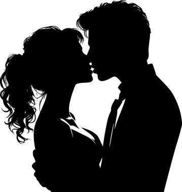 Yakın pozlarda öpüşen bir çiftin silüeti, romantik minimalist tasarım.