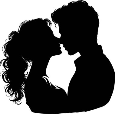 Yakın pozlarda öpüşen bir çiftin silüeti, romantik minimalist tasarım.
