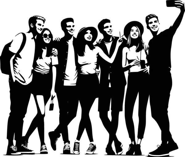 Arkadaşların silueti grup selfie çekiyor, neşeli ve modern bir an.