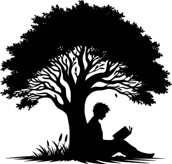 Ağacın altında kitap okuyan bir insanın silueti. Huzurlu ve rahatlatıcı bir an. Ağacın altında kitap okuyan bir insanın silueti.