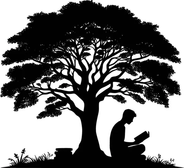 Ağacın altında kitap okuyan bir insanın silueti. Huzurlu ve rahatlatıcı bir an. Ağacın altında kitap okuyan bir insanın silueti.