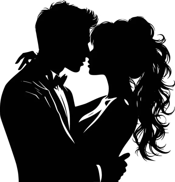 Yakın pozlarda öpüşen bir çiftin silüeti, romantik minimalist tasarım.