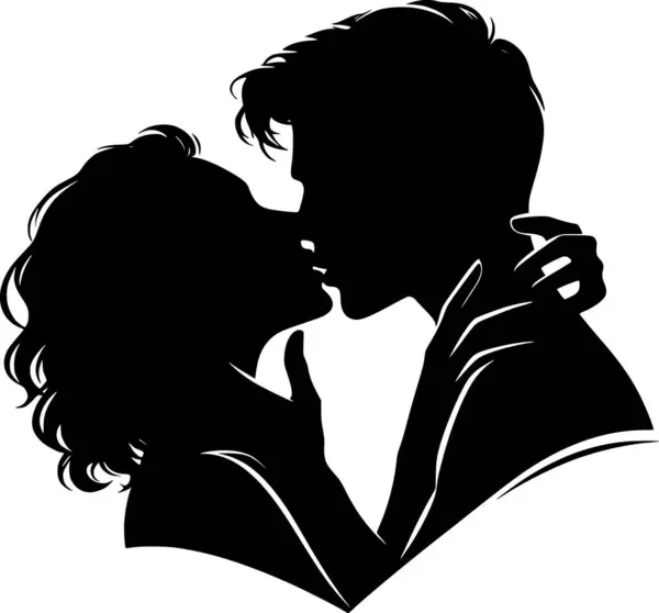 Yakın pozlarda öpüşen bir çiftin silüeti, romantik minimalist tasarım.