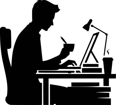 Kahve fincanıyla geç saatlere kadar çalışan birinin silueti.