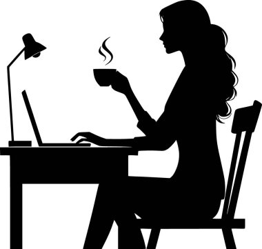 Kahve fincanıyla geç saatlere kadar çalışan birinin silueti.