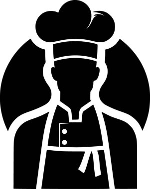 Uzun şapkalı ve önlüklü aşçının silueti. Mutfak hazır ve temiz.