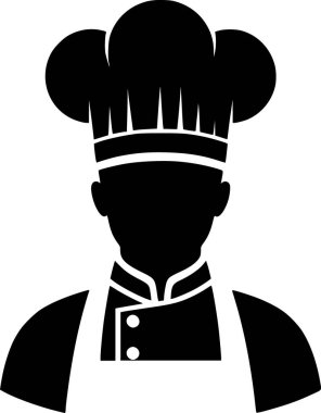 Uzun şapkalı ve önlüklü aşçının silueti. Mutfak hazır ve temiz.