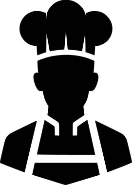 Uzun şapkalı ve önlüklü aşçının silueti. Mutfak hazır ve temiz.