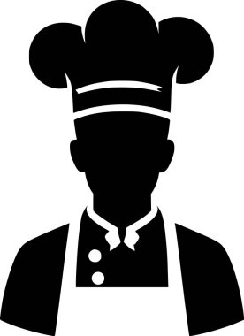 Uzun şapkalı ve önlüklü aşçının silueti. Mutfak hazır ve temiz.