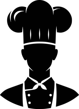 Uzun şapkalı ve önlüklü aşçının silueti. Mutfak hazır ve temiz.