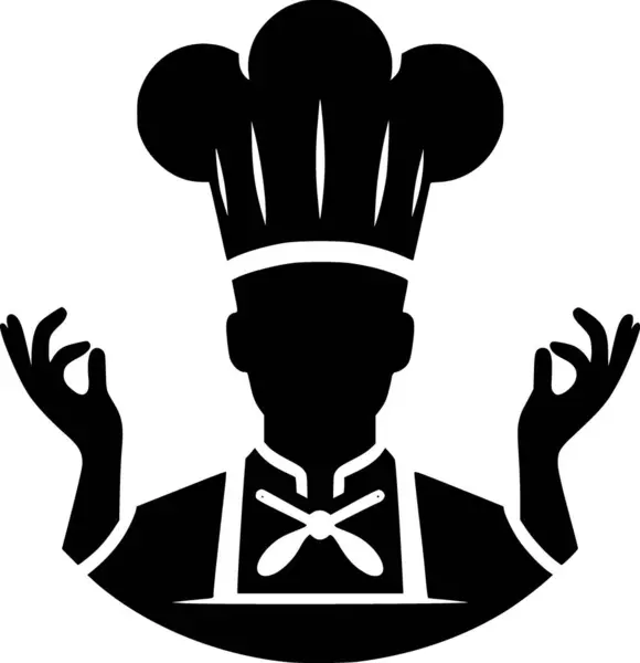 Uzun şapkalı ve önlüklü aşçının silueti. Mutfak hazır ve temiz.