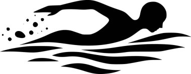 Serbest yüzen bir insanın minimalist vektörü, siyah siluet