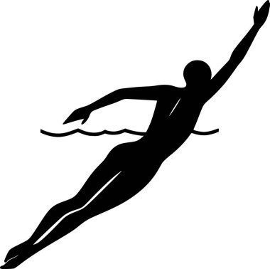 Serbest yüzen bir insanın minimalist vektörü, siyah siluet