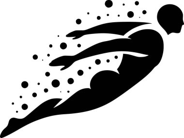 Serbest yüzen bir insanın minimalist vektörü, siyah siluet