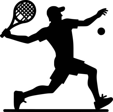 Tenis topu servis eden birinin silueti, düz siyah vektör.