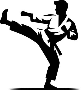 Yüksek tekvando tekmesi atan birinin siyah vektörü, minimalist tarzda.