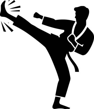 Yüksek tekvando tekmesi atan birinin siyah vektörü, minimalist tarzda.