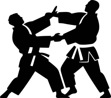 İki kişinin silueti Judo fırlatması yapıyor, düz vektör.