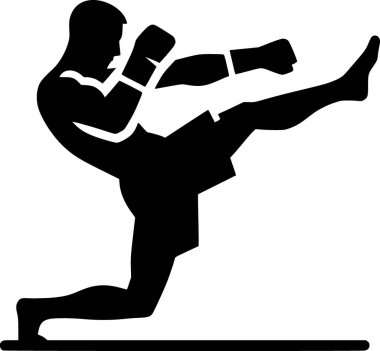 Kickboks pozu veren siyah siluet, minimalist vektör.