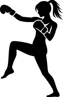 Kickboks pozu veren siyah siluet, minimalist vektör.