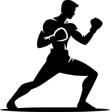 Kickboks pozu veren siyah siluet, minimalist vektör.