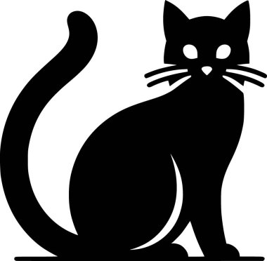 Oturan kedi minimalist siyah düz vektör, kıvrık kuyruk, temiz siluet