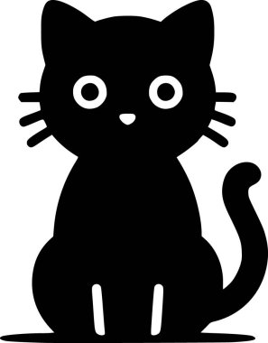 Oturan kedi minimalist siyah düz vektör, kıvrık kuyruk, temiz siluet