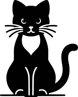 Oturan kedi minimalist siyah düz vektör, kıvrık kuyruk, temiz siluet