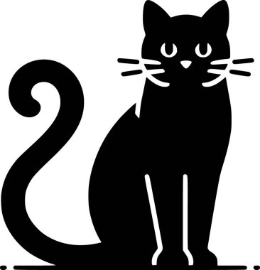 Oturan kedi minimalist siyah düz vektör, kıvrık kuyruk, temiz siluet