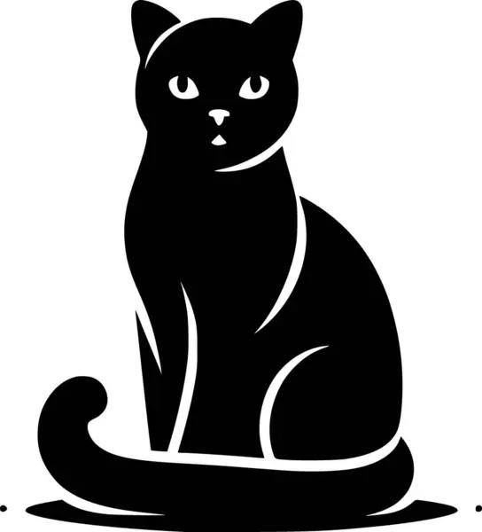 Oturan kedi minimalist siyah düz vektör, kıvrık kuyruk, temiz siluet