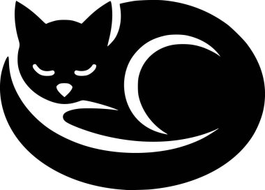 Huzurlu düz vektör siluetinde uyuyan kıvrılmış kedi, gözleri kapalı.