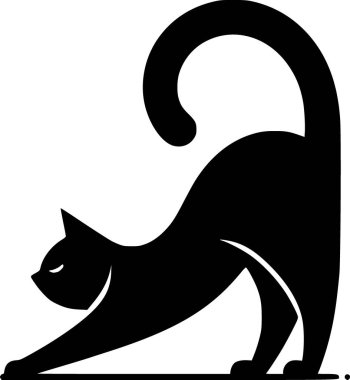 Temiz düz bir vektörle kedi yan görünümünü esnetiyorum, arkaya kıvrılmış, kuyruğu havada.