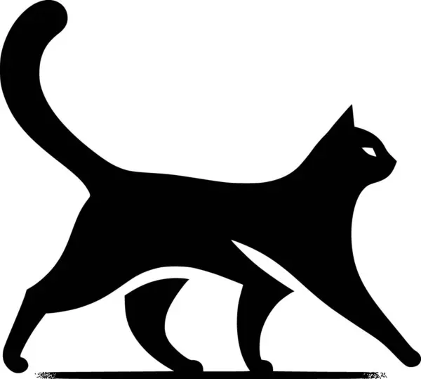 Kaldırılmış kuyruklu yürüyen kedi, kendine güvenen düz vektör silueti, profil