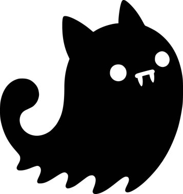 Küçük sivri dişli hayalet kedi silueti, sevimli korku titreşimi, mim vektörü