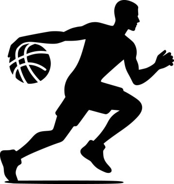 Basket topu süren bir kişinin silueti, temiz düz vektör tarzı.