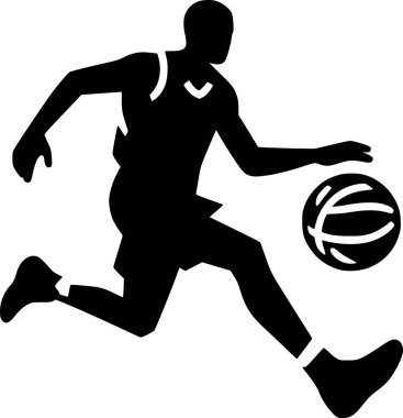 Basket topu süren bir kişinin silueti, temiz düz vektör tarzı.