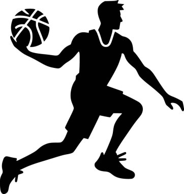 Basket topu süren bir kişinin silueti, temiz düz vektör tarzı.
