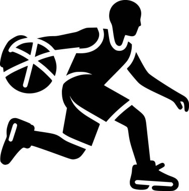 Basket topu süren bir kişinin silueti, temiz düz vektör tarzı.