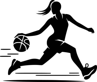 Basket topu süren bir kişinin silueti, temiz düz vektör tarzı.