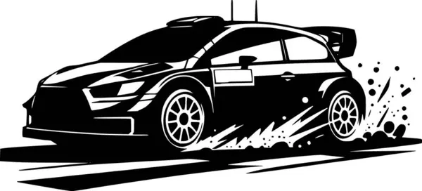 Hareket halindeki bir ralli aracının minimalist vektörü, siyah siluet sanat