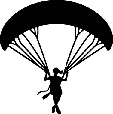 Bir insanın düz siyah vektörü havada yamaç paraşütü yapıyor, temiz siluet.