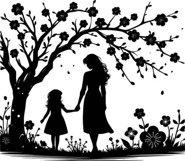 Çiçek sıcaklığında, temiz çizgilerle sarılan bir annenin minimalist vektörü.