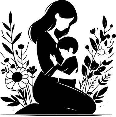 Çiçek sıcaklığında, temiz çizgilerle sarılan bir annenin minimalist vektörü.