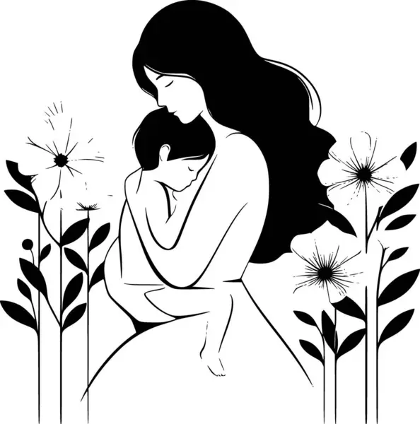 Çiçek sıcaklığında, temiz çizgilerle sarılan bir annenin minimalist vektörü.