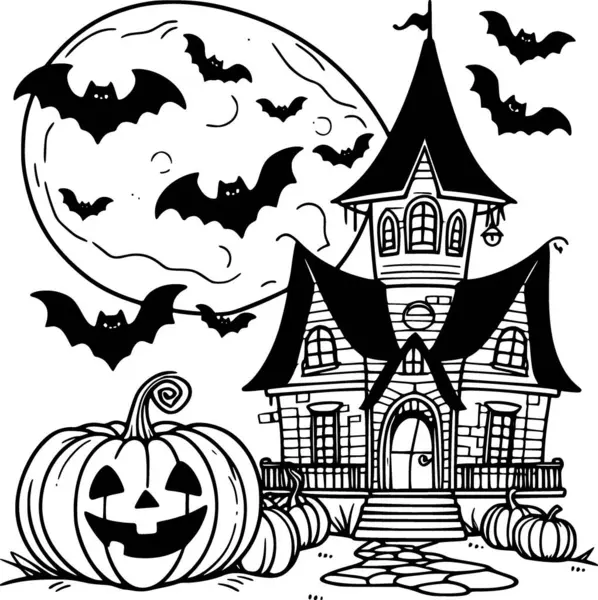 Cadılar Bayramı boyama kitabı ve basılabilir dekor için korkunç perili ev çizgisi