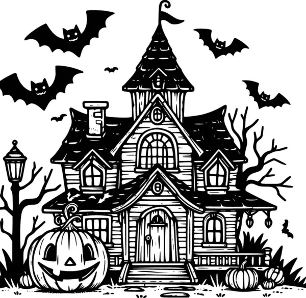 Cadılar Bayramı boyama kitabı ve basılabilir dekor için korkunç perili ev çizgisi