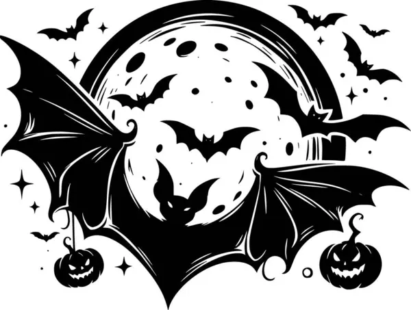 Cadılar Bayramı 'nda gökyüzünde uçan yarasa sürüsü. Renk ve dekorasyon için çizgi sanatı.